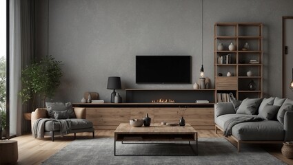 Modern living room with stylish wooden furniture and a cozy ambiance