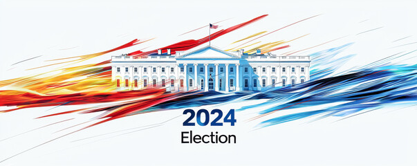  bold and abstract digital painting featuring the White House surrounded by dynamic swirls of red, blue, and yellow, symbolizing the intensity and energy of the 2024 election season.