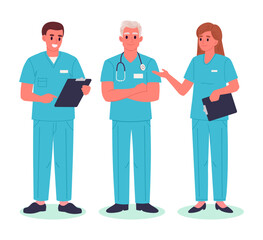 Fototapeta premium Cartoon doctors. Male and female doctors and nurses wearing professional uniform with clipboards in hands flat vector illustration set. Medical clinic workers