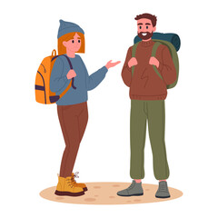 Characters outdoor adventure. Couple on hike, hiking active tourist people, trekking and backpacking flat vector illustration. Folks hiking on trail