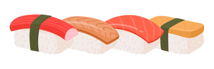 Cartoon sushi. Japanese seafood dish, sushi with salmon, eel fish and tuna traditional asian cuisine flat vector illustration. Delicious Japan cuisine dish