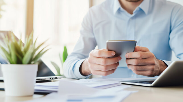 Professional man multitasking with a smartphone and laptop at a well-organized workspace, epitomizing efficient office workflow and digital integration.