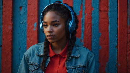 Naklejka premium A girl with blue headphones on a red and blue background