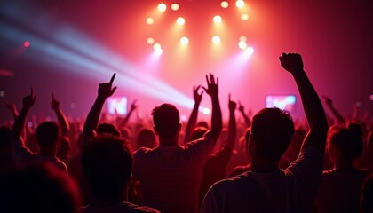  Silhouettes of people enjoying themselves under colorful lights at a concert venue.