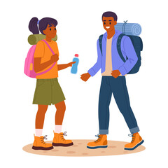 Couple on hike. Characters outdoor adventure, hiking active tourist people, trekking and backpacking flat vector illustration. Folks hiking on trail