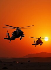 Fototapeta premium Two attack helicopters fly side by side against a glowing sunset backdrop.