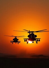 Two attack helicopters fly side by side against a glowing sunset backdrop.






