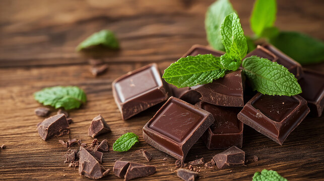 Pieces of chocolate with mint lying on wooden table