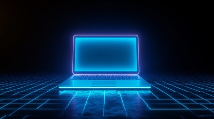 Portable neon computer with a blank screen on a desk in a dark room with blue lighting featuring a laptop with neon blue light on a digital grid symbolizing cuttingedge technology