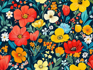 Colorful floral seamless pattern with bold flowers and leaves on a dark background, creating a vibrant and eye-catching design, suitable for fashion or decor.