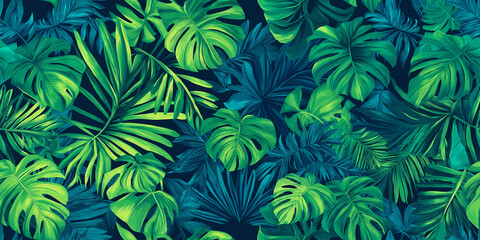 A lush tropical leaf pattern with varying shades of green on a dark background, emphasizing nature's vibrancy and richness.
