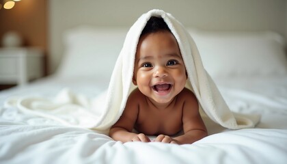 A happy portrait of an adorable African American baby wrapped in a white towel on the bed.












