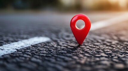 Red GPS pin on an asphalt highway background