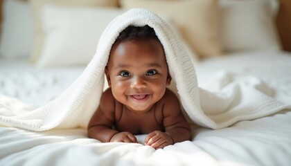 A happy portrait of an adorable African American baby wrapped in a white towel on the bed.












