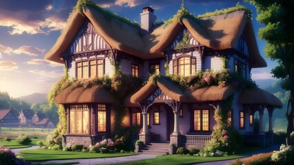 Fototapeta premium Anime style old house in the forest, castle in the woods, old house in the woods, old house in the forest