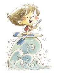 Boy on a wave with paddle surf