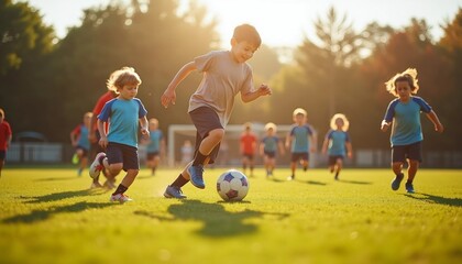 Fototapeta premium Children play soccer energetically on a grass field, with a focus on the players and dynamic light and shadow enhancing the lively scene.