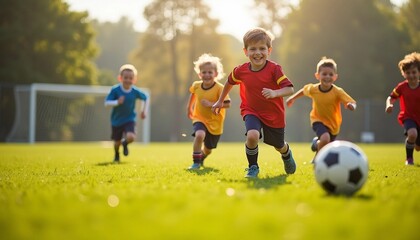Children play soccer energetically on a grass field, with a focus on the players and dynamic light and shadow enhancing the lively scene.


