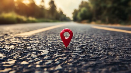 Red GPS pin on an asphalt highway background