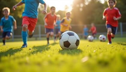 Obraz premium Children play soccer energetically on a grass field, with a focus on the players and dynamic light and shadow enhancing the lively scene.