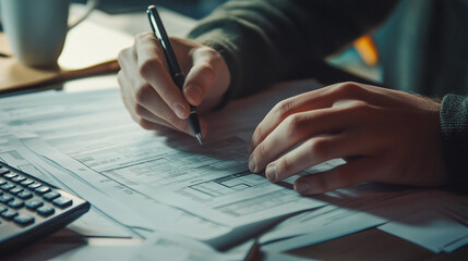 Detailed focus on an individual working with architectural plans, emphasizing precision and meticulous project planning in a dimly lit office environment.