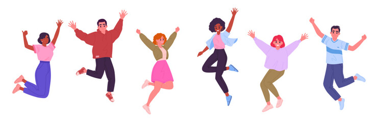 Jumping people. Happy celebrating characters jumping for joy, dancing positive people group flat vector illustration set. Cheerful men and women in motion
