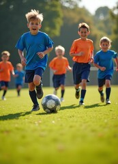 Obraz premium Children play soccer energetically on a grass field, with a focus on the players and dynamic light and shadow enhancing the lively scene.