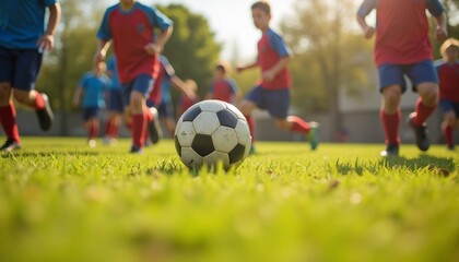 Fototapeta premium Children play soccer energetically on a grass field, with a focus on the players and dynamic light and shadow enhancing the lively scene.