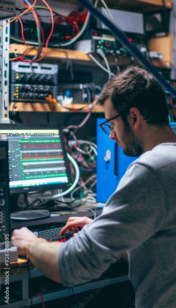 Poster engineers performing radio frequency tests in state-of-the-art technical lab with precision equipmen