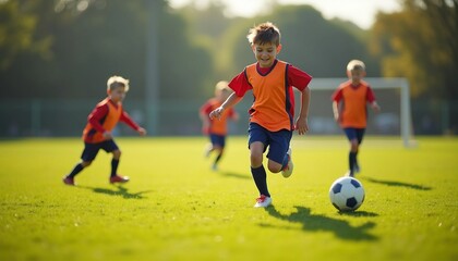Fototapeta premium Children play soccer energetically on a grass field, with a focus on the players and dynamic light and shadow enhancing the lively scene.