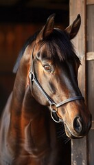 Serene Close-Up of a Racehorse in Stable with Soft Light and Glossy Coat for Equine Photography