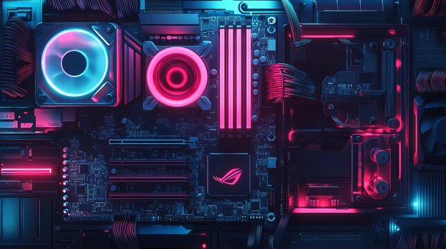 Upgrade or repair of a gaming computer featuring a modern power PC in the dark with neon lights from the CPU coolers and memory boards Configuration or repair of desktop gaming computer
