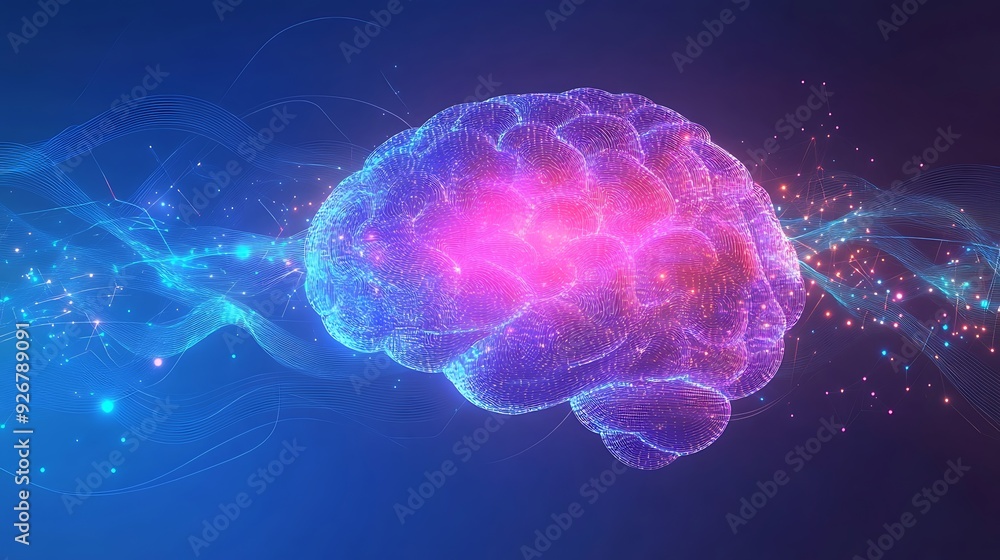 Poster a glowing abstract brain with connecting lines.