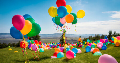 A bunch of vibrant, multi-colored balloons floating against a blue sky with clouds. Concept of celebration and joy, suitable for event planning, party supplies, and festive marketing campaigns