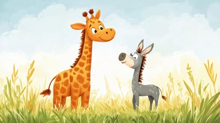 A cartoon giraffe and donkey standing in a field of tall grass, AI