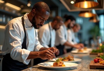 Portrait of an African American chef adding the finishing touch to his dish.






