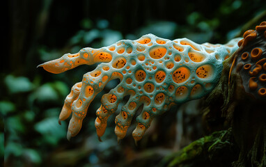 A zombie hand with many small holes, deformed fingers with cluster holes, fungal infection with dark jungle background