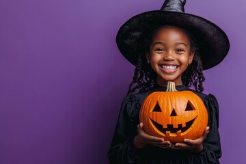 Fototapeta premium A joyful girl in a witch costume holding a carved pumpkin against a purple backdrop during Halloween celebration