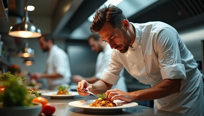 Portrait of a professional chef adding the finishing touch to his dish.






