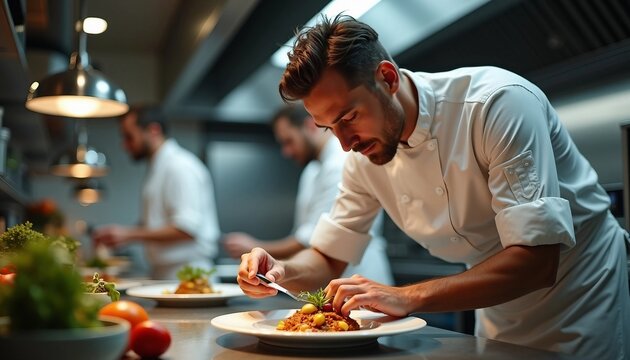 Portrait of a professional chef adding the finishing touch to his dish.






