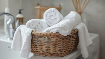 A wicker laundry basket filled with towels in a cozy laundry room with wooden countertops and white cabinets. The concept of home comfort.