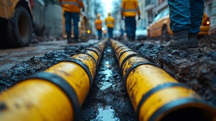 Fototapeta premium Workers in uniforms and helmets lay fiber optic cables for internet in the city.