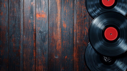 Vinyl records on rustic wood background