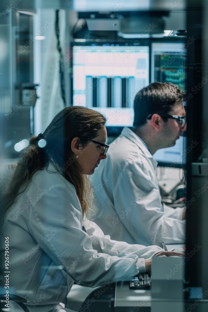 Poster researchers analyzing microwave signal patterns in modern laboratory for advanced research