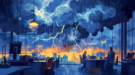 Stressful Corporate Office with Dark Clouds and Lightning Illustrating a Toxic Work Environment