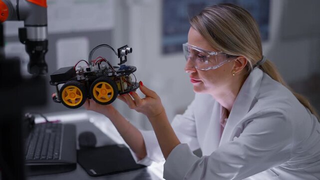 Female teacher helping young schoolboy to build robot kit in after-school robotics club. Children learning robotics in Elementary school. Science for kids.
