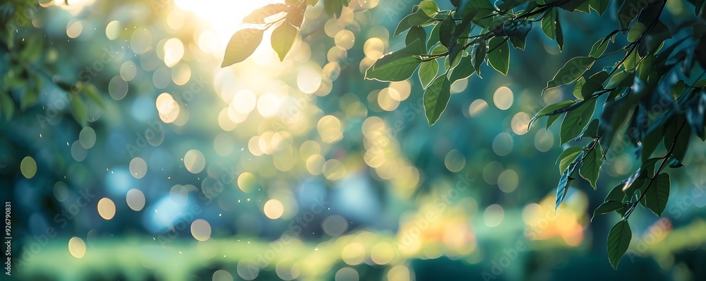 Poster sunlight filtering through green leaves with bokeh background