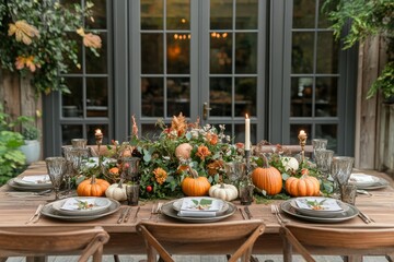 Rustic autumn table setting with pumpkins and floral arrangements in an outdoor setting