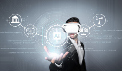 Caucasian business man using chat bot to support and assistant performance. Skilled investor using VR goggle while connecting in metaverse and visual reality world. Technology innovation. Deviation.