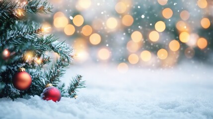 Christmas tree with lights and ornaments in the snow, AI